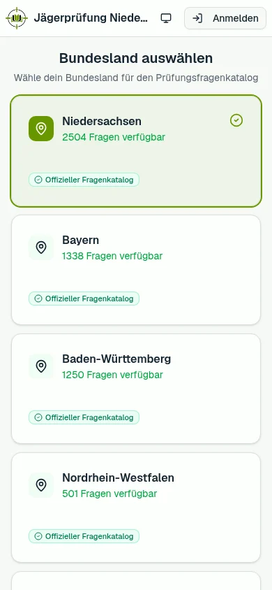 Bundeslandauswahl mit Niedersachsen, Bayern, Baden-Württemberg und Nordrhein-Westfalen samt Fragenanzahl