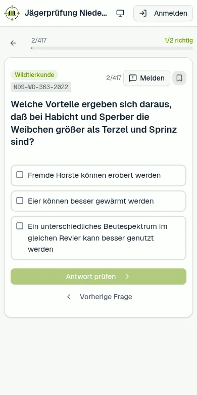 Lernprogramm auf dem Smartphone: Prüfungsfrage zu Habicht und Sperber