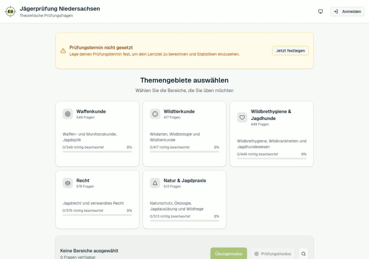 Lernprogramm: Auswahl der fünf Themengebiete für Niedersachsen mit Fragenanzahl und Fortschrittsbalken