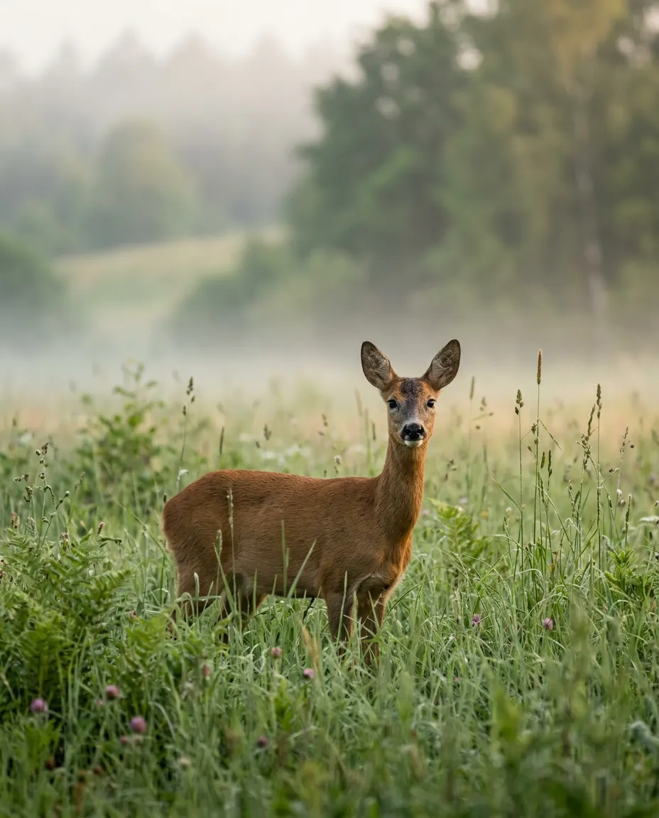 Rehwild im Morgennebel auf einer Wiese